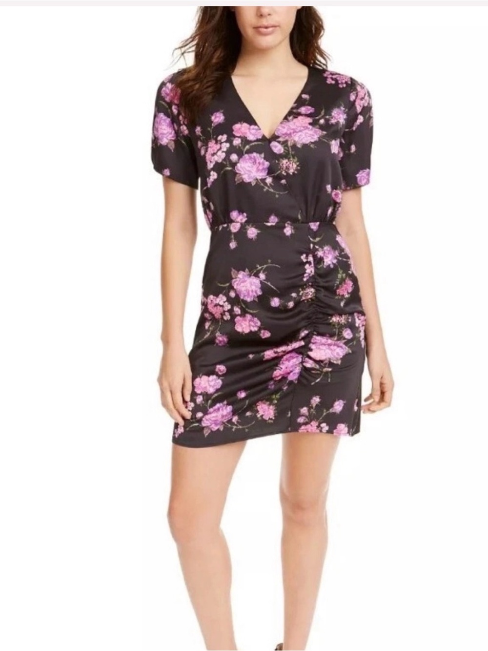 LEYDEN Black Purple Floral Ruched Puff Sleeve Mini Dress L